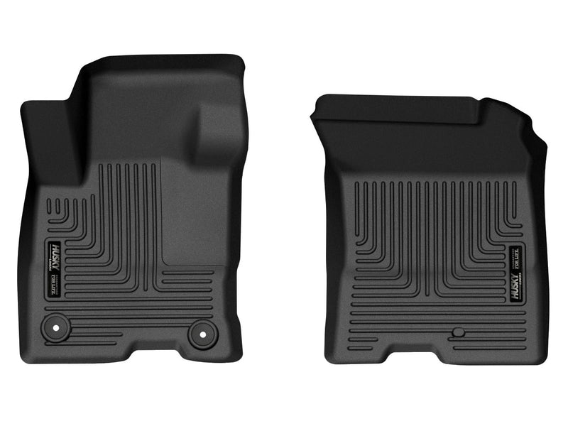 Husky Liners WeatherBeater: black molded front floor liner pair, driver and passenger sides, with raised channel pattern on a white background