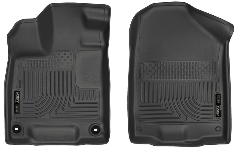 Husky Liners WeatherBeater: black molded front floor liner pair, driver and passenger sides, with raised channel pattern on a white background