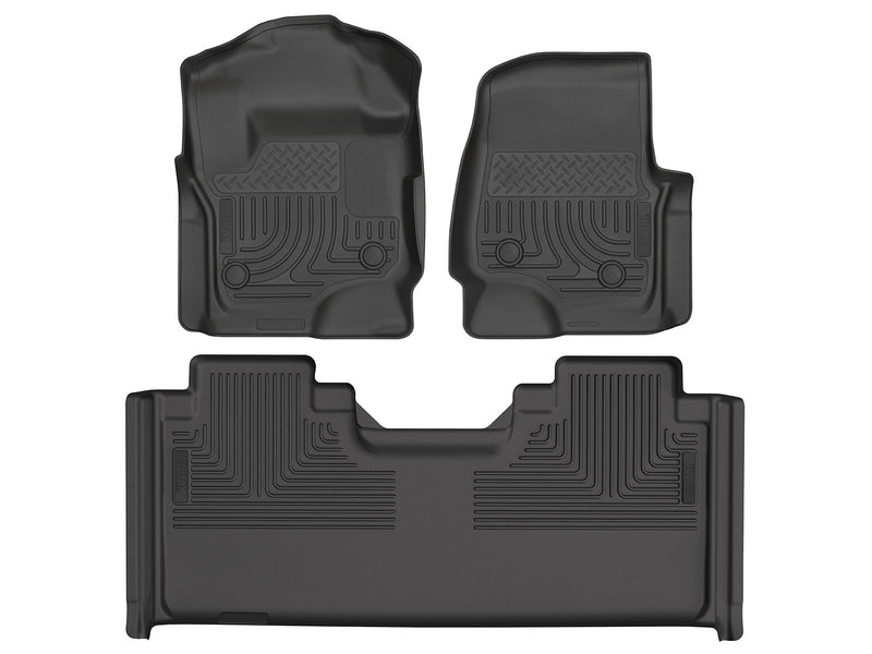 Husky Liners WeatherBeater: black molded front floor liner pair plus one-piece 2nd-row liner on a white background, viewed from above