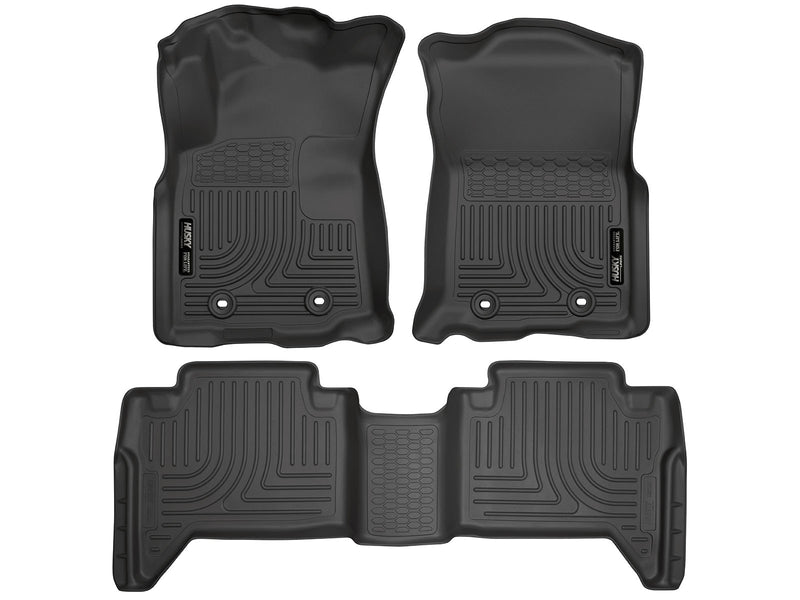 Husky Liners WeatherBeater: black molded front floor liner pair plus one-piece 2nd-row liner on a white background, viewed from above