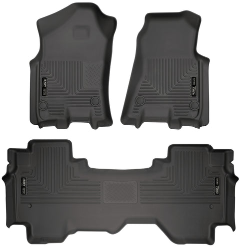 Husky Liners WeatherBeater: black molded front floor liner pair plus one-piece 2nd-row liner on a white background, viewed from above