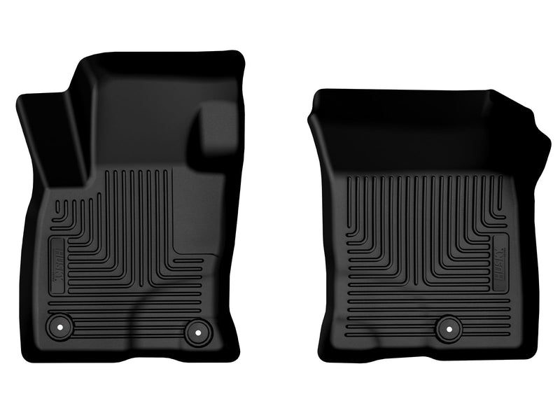 Husky Liners WeatherBeater: black molded front floor liner pair, driver and passenger sides, with raised channel pattern on a white background