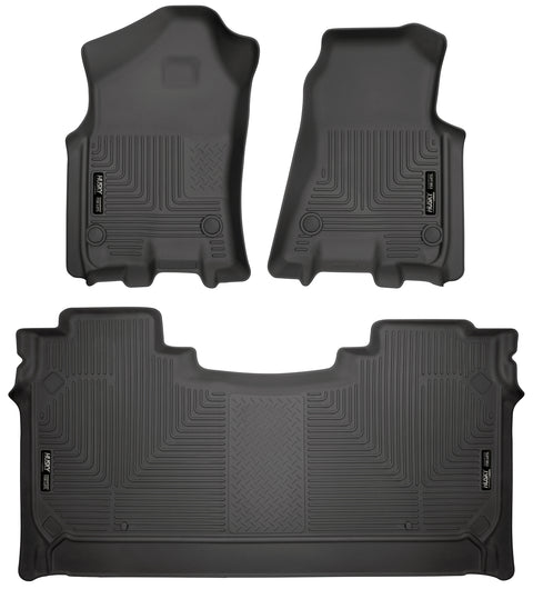 Husky Liners WeatherBeater: black molded front floor liner pair plus one-piece 2nd-row liner on a white background, viewed from above