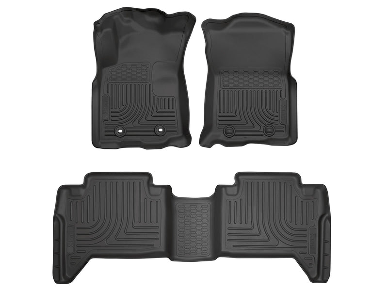 Husky Liners WeatherBeater: black molded front floor liner pair plus one-piece 2nd-row liner on a white background, viewed from above