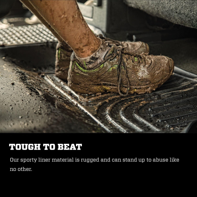 Husky Liners WeatherBeater: muddy sneakers on a black floor liner, black text panel below