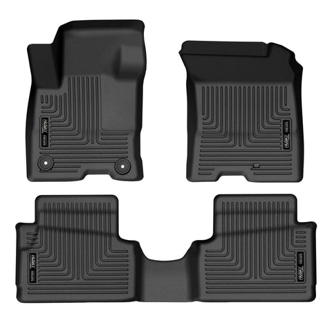 Husky Liners WeatherBeater: three-piece black molded floor liner set (two front liners and one 2nd-row liner) on a white background