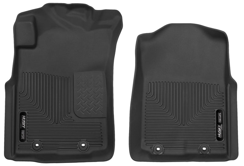 Husky Liners X-act Contour: black molded front floor liner pair with Husky Liners logo plates on a white background