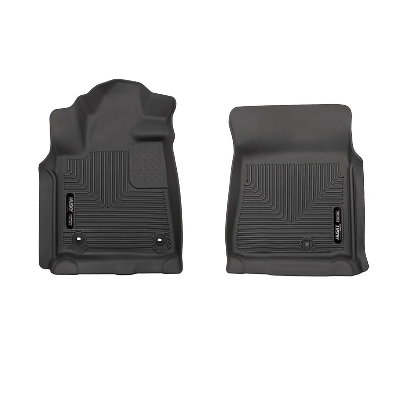 Husky Liners X-act Contour: black molded front floor liner pair with Husky Liners logo plates on a white background