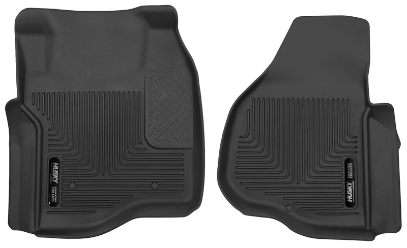 Husky Liners X-act Contour: black molded front floor liner pair with Husky Liners logo plates on a white background