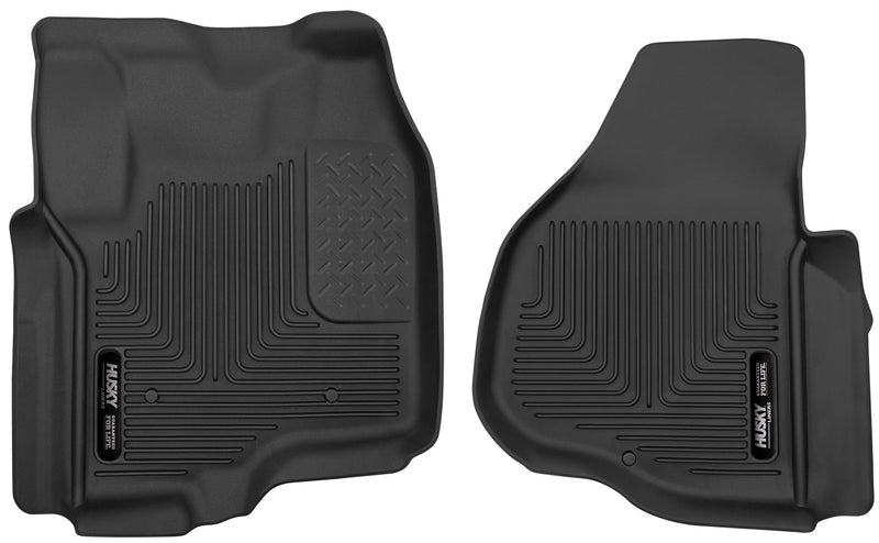 Husky Liners X-act Contour: black molded front floor liner pair with Husky Liners logo plates on a white background