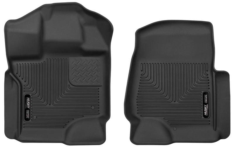 Husky Liners X-act Contour: black molded front floor liner pair with Husky Liners logo plates on a white background