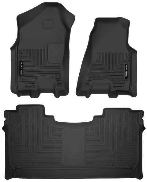 Husky Liners X-act Contour: black X-act Contour front pair plus full-width 2nd-row liner on a white background