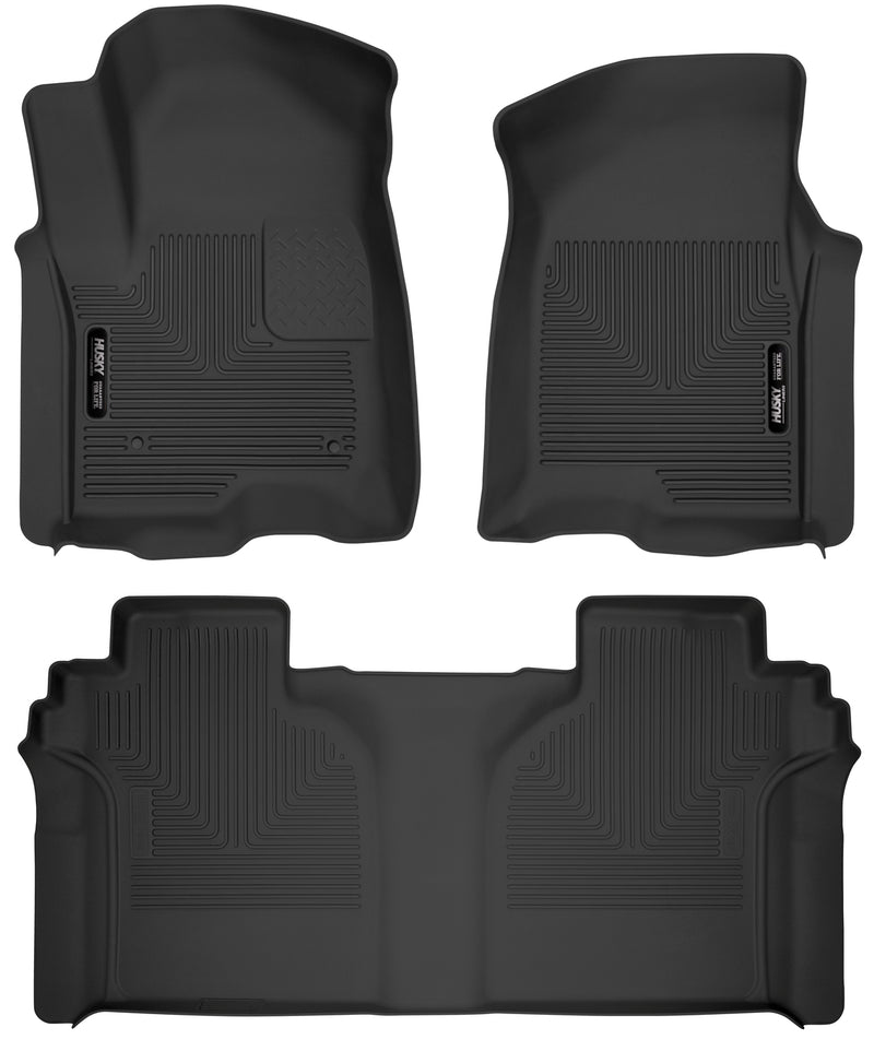 Husky Liners X-act Contour: black X-act Contour pair of front floor liners and a one-piece second-row liner on a white background