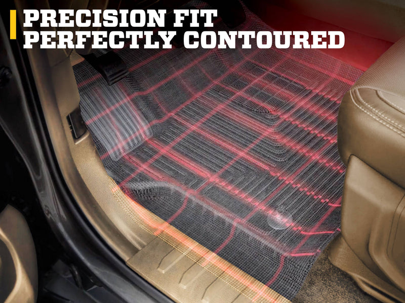 Husky Liners X-act Contour: driver footwell with a black floor liner overlaid by a red laser-scan grid, tan interior