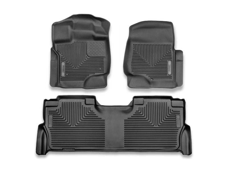 Husky Liners X-act Contour: three black floor liners on white: two front liners and one full-width rear liner (representative image; each liner is molded for its own vehicle)