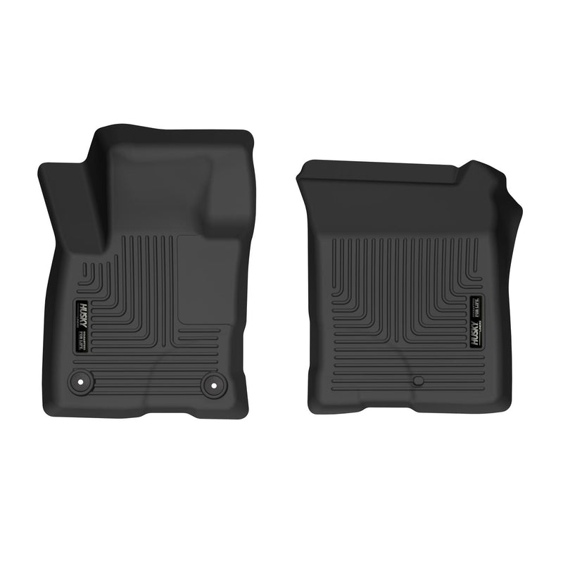 Husky Liners X-act Contour: two black front floor liners on white, driver side with two retention posts