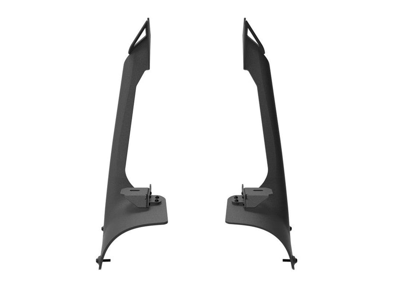 KC HiLiTES 50" Overhead Light Bar Mount Brackets on a studio background: pair of black overhead light bar mounting brackets for a Jeep windshield frame, front view on a white background