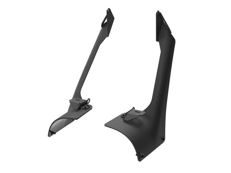 KC HiLiTES 50" Overhead Light Bar Mount Brackets on a studio background: pair of black overhead light bar mounting brackets for a Jeep windshield frame, angled view on a white background