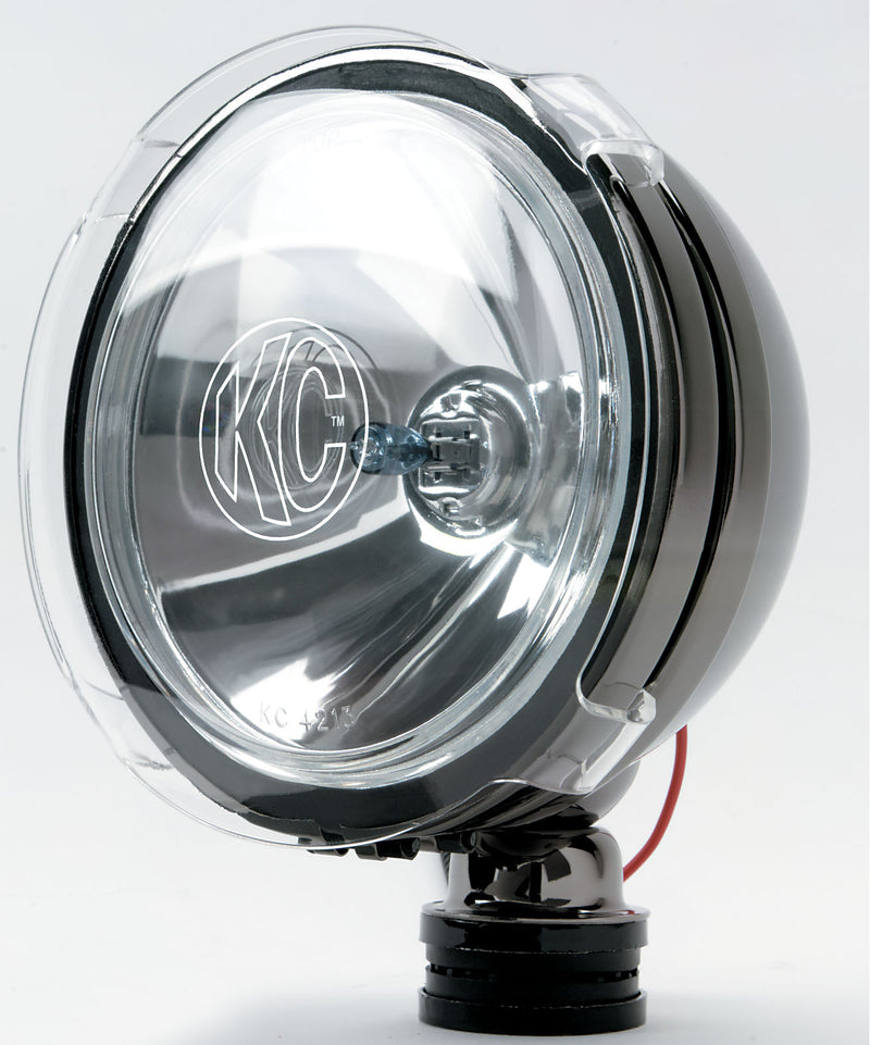 KC HiLiTES 6" Round Light Cover & Shield on a studio background: clear acrylic shield fitted over the lens of a 6" round KC halogen light on a white background