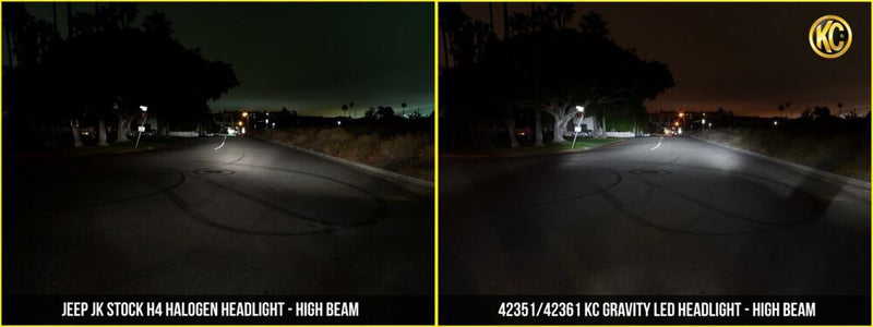 KC HiLiTES 7" Gravity LED DOT Headlight (H4 plug): side by side night photos of a road lit by stock halogen high beams and by LED high beams