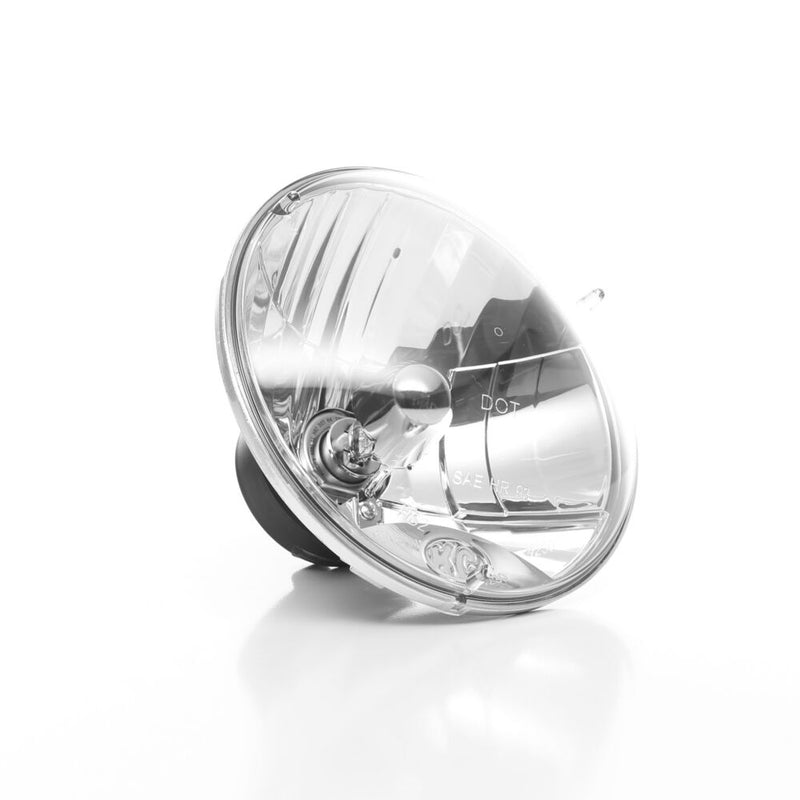 KC HiLiTES 7" H4 DOT Halogen Headlight Pair with H13 Adapters on a studio background: angled view of a round 7" clear halogen headlight with the H4 bulb visible through the lens