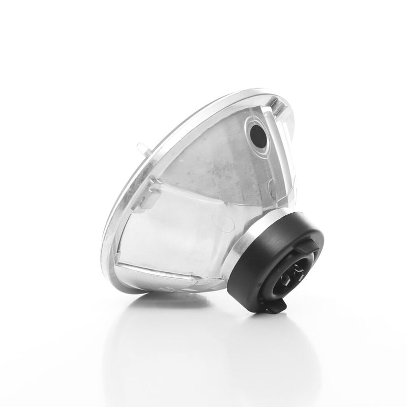 Close-up of the KC HiLiTES 7" H4 DOT Halogen Headlight Pair with H13 Adapters: rear angle of a round 7" halogen headlight with black boot on white