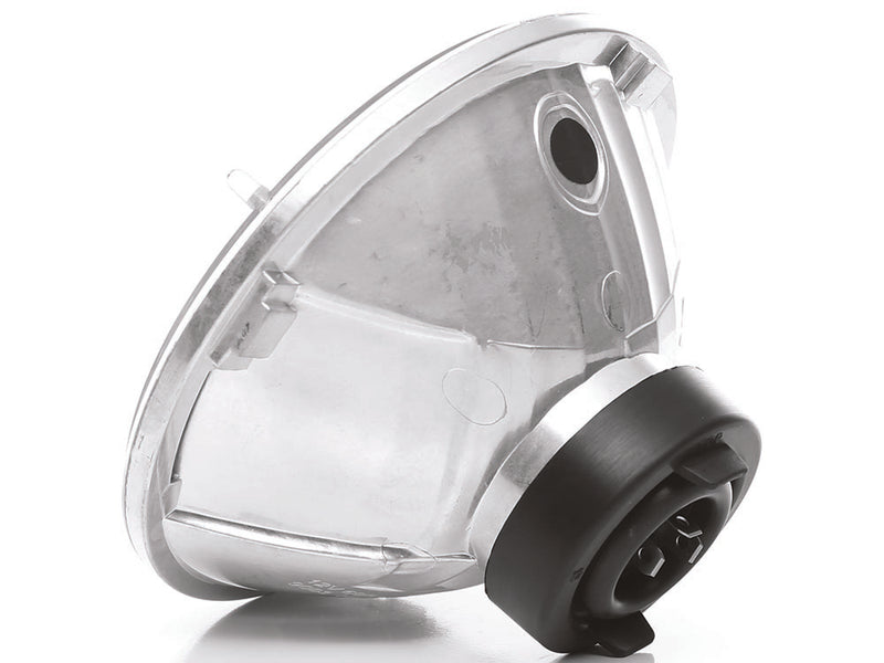 Close-up of the KC HiLiTES 7" H4 DOT Halogen Headlight Pair with H13 Adapters: side rear view of a 7" halogen headlight bowl and black rubber boot