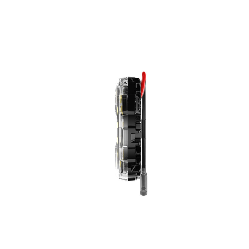 KC HiLiTES Cyclone V2 LED Light on a studio background: side profile of a slim round LED light with a clear lens and red and black leads on white