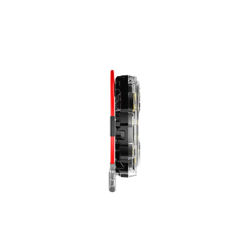 KC HiLiTES Cyclone V2 LED Light on a studio background: side profile of a slim round LED light with a clear lens and a red lead on white
