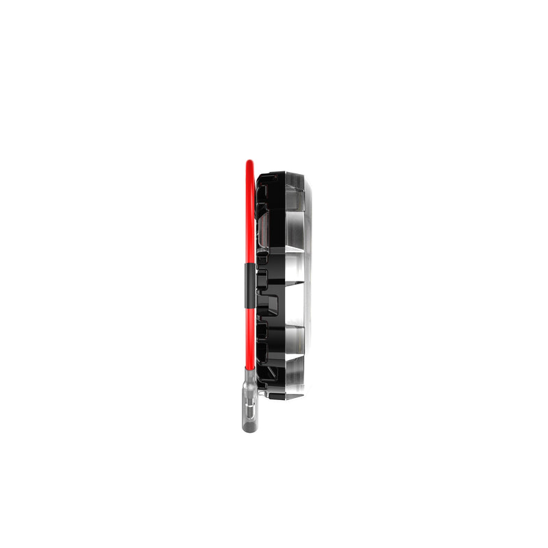 KC HiLiTES Cyclone V2 LED Light on a studio background: side profile of a slim round LED light with a frosted lens and red lead on white