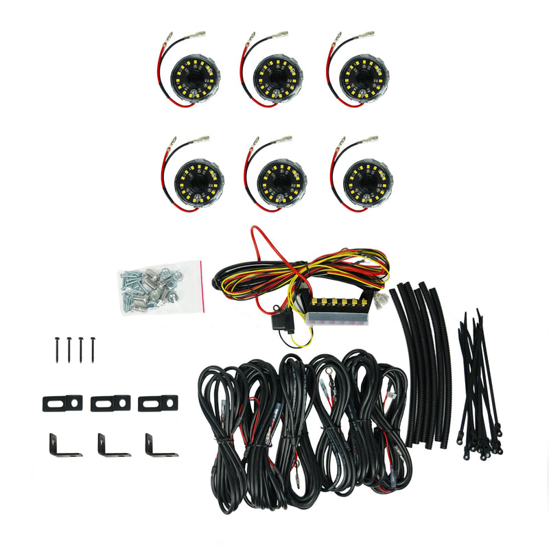 KC HiLiTES Cyclone V2 LED Rock Light 6-Light System on a studio background: six clear Cyclone V2 rock lights with wiring harness, extension cables, brackets, screws, loom and zip ties on white