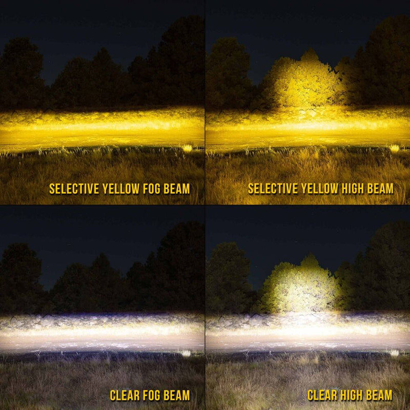 KC HiLiTES FLEX ERA 3 Dual-Mode SAE Fog Light Kit, Aftermarket Bumper: four night photos comparing the selective yellow and clear lenses in fog and high beam modes across a grassy field
