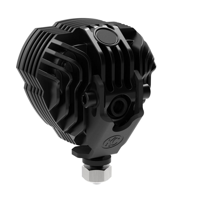 Close-up of the KC HiLiTES FLEX ERA 3 Dual-Mode SAE Fog Light Kit, Aftermarket Bumper: rear three-quarter view of a black FLEX ERA 3 LED light housing with KC logo