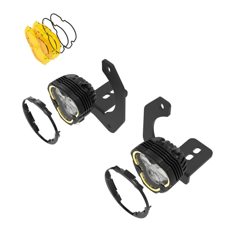 KC HiLiTES FLEX ERA 3 Dual-Mode SAE Fog Light Kit, Steel Bumper on a studio background: exploded view of two FLEX ERA 3 fog lights with steel bumper mounting brackets, round shrouds and yellow lenses