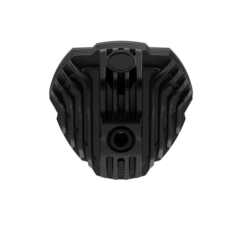 Close-up of the KC HiLiTES FLEX ERA 3 Dual-Mode SAE Fog Light Kit: straight rear view of a FLEX ERA 3 fog light housing with fins and mounting boss