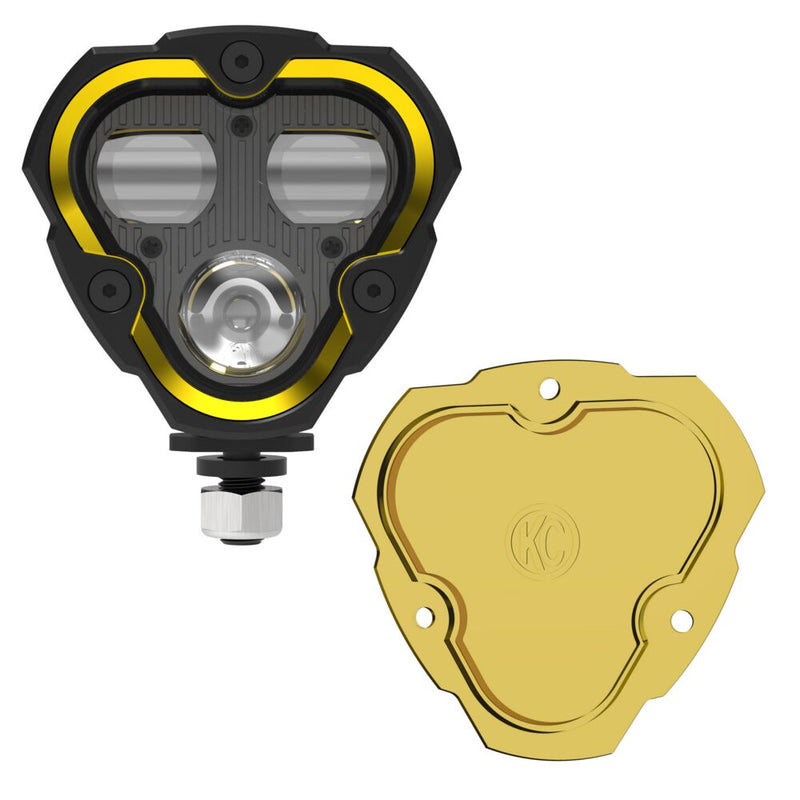 KC HiLiTES FLEX ERA 3 Dual-Mode SAE Fog Light Master Kit on a studio background: A FLEX ERA 3 Dual Mode fog LED light with a selective yellow lens beside it on a white background