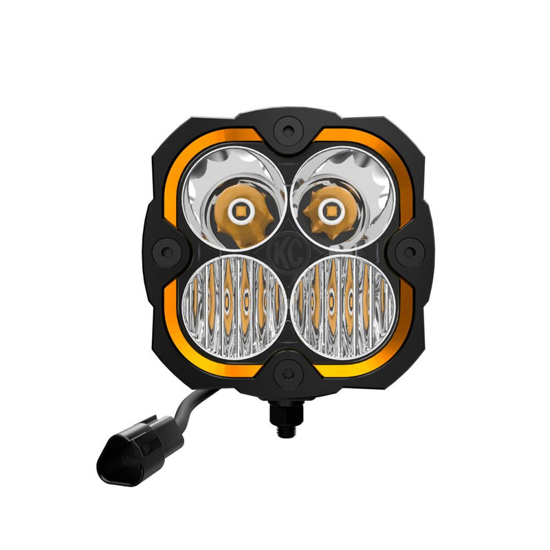 KC HiLiTES FLEX ERA 4 LED Light Pod Master Kit on a studio background: front view of a FLEX ERA 4 LED light with two spot reflectors over two spread optics and an amber accent ring
