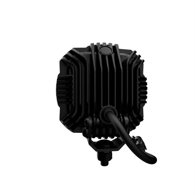 Close-up of the KC HiLiTES FLEX ERA 4 LED Light Pod Master Kit: rear view of a KC FLEX ERA 4 light pod showing the finned heat sink, cable and mounting stud