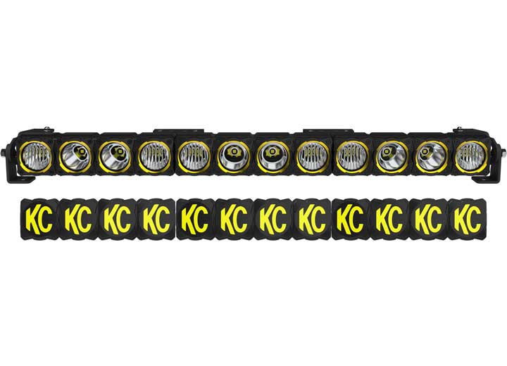 KC HiLiTES FLEX ERA LED Light Bar Master Kit on a studio background: black FLEX ERA LED light bar with twelve clear lens modules and a row of black and yellow KC covers below