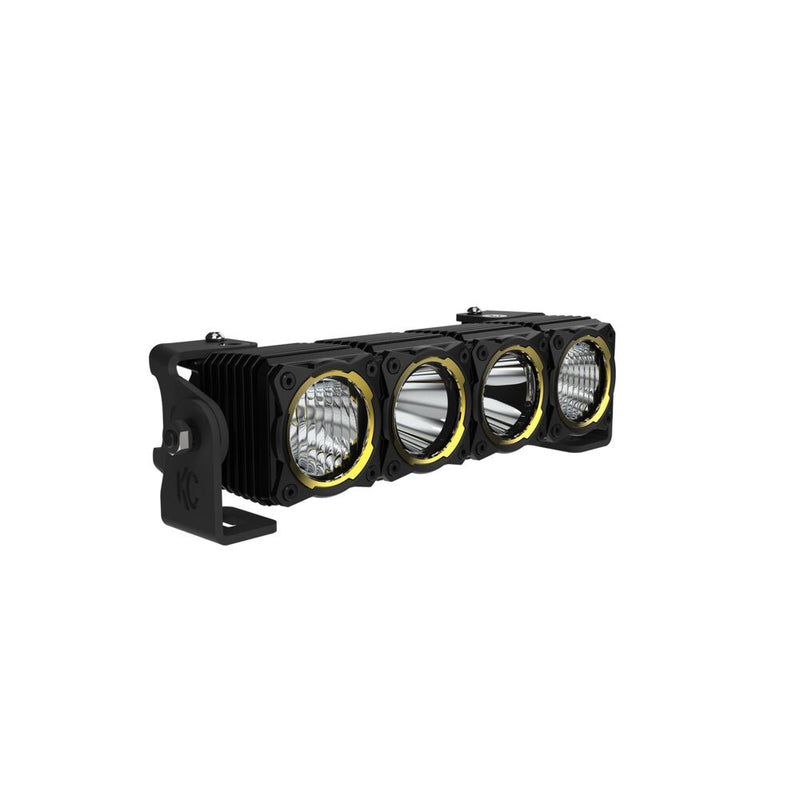 KC HiLiTES FLEX ERA LED Light Bar Master Kit on a studio background: KC FLEX ERA four-module LED light bar on its mounting brackets, angled front view