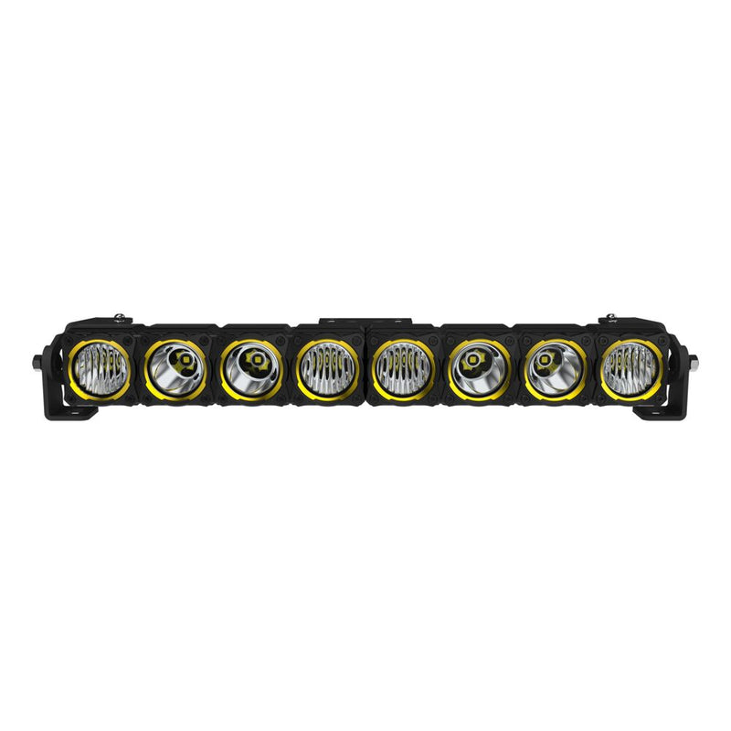 KC HiLiTES FLEX ERA LED Light Bar Master Kit on a studio background: KC FLEX ERA LED light bar with eight round light modules and yellow accent rings, front view