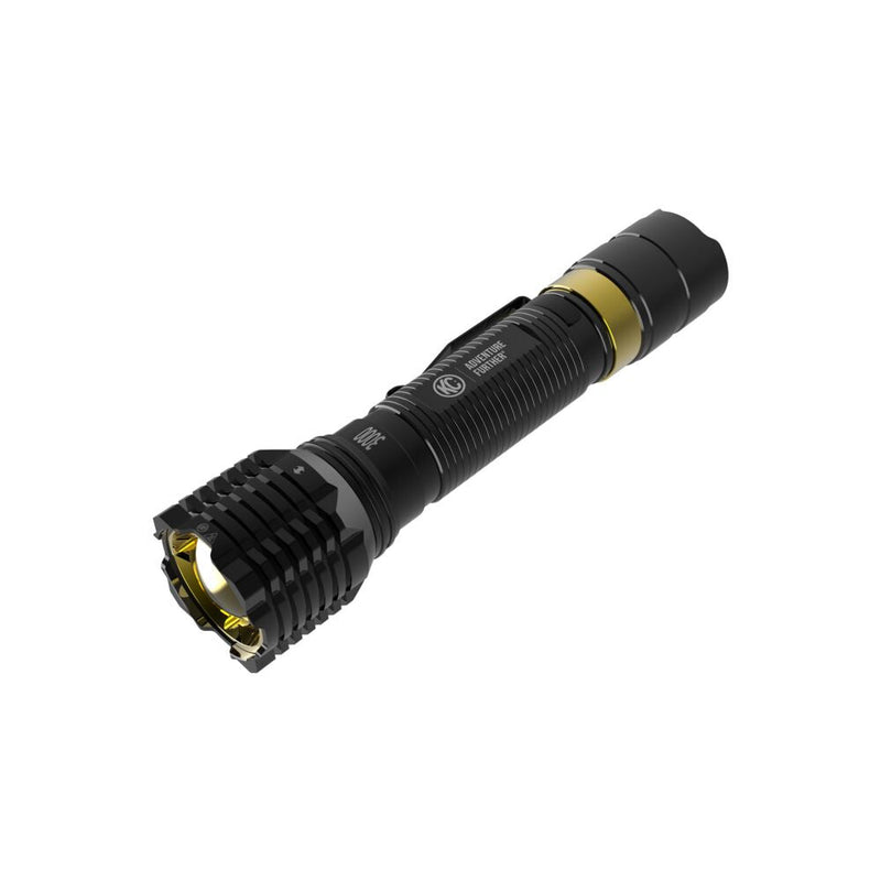 KC HiLiTES FLX 3K Rechargeable Flashlight on a studio background: black flashlight with a gold accent ring and a finned head, angled to show the lens, on a white background