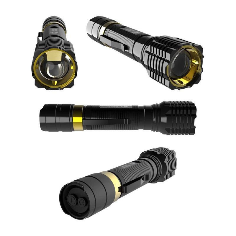 KC HiLiTES FLX 3K Rechargeable Flashlight on a studio background: four views of a black flashlight with a gold ring showing the lens, the side with its pocket clip and the tail switches on a white background