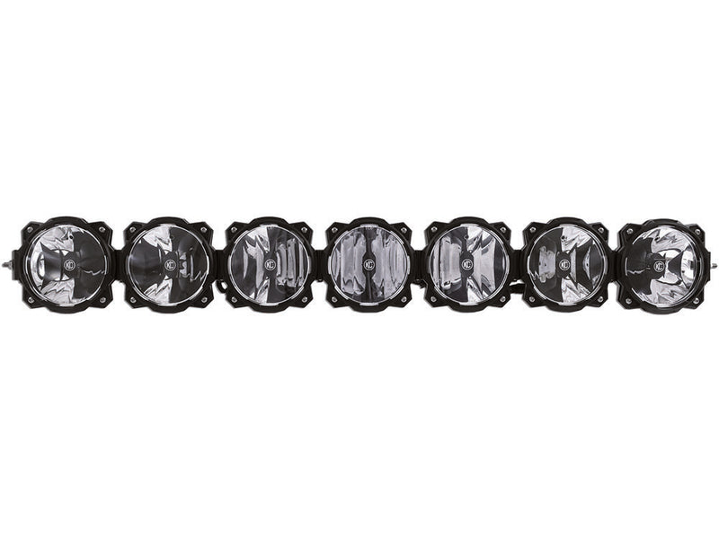 KC HiLiTES Gravity Pro6 45" 7-Light Front Bumper LED Light Bar Kit on a studio background: KC Gravity Pro6 light bar with 7 round black LED lights joined in a row, front view on white