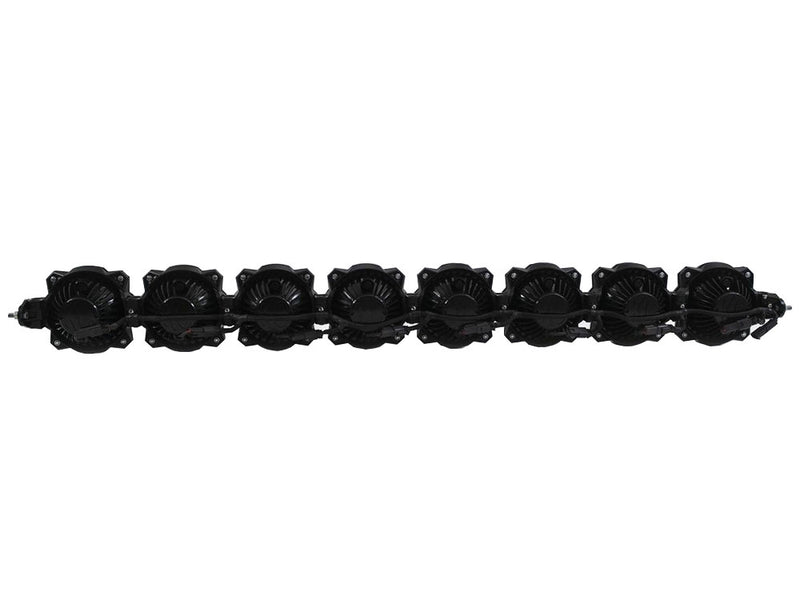 Close-up of the KC HiLiTES Gravity Pro6 50" 8-Light LED Light Bar Kit: rear view of an eight-light LED light bar showing the black heat sink backs of each light