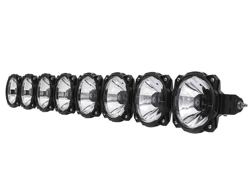 KC HiLiTES Gravity Pro6 50" 8-Light Overhead LED Light Bar Kit, 4xe on a studio background: eight-light round LED light bar with clear lenses, angled view on a white background