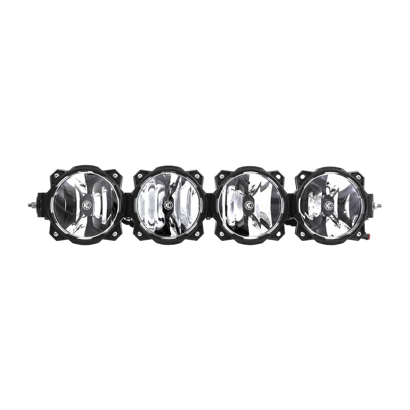 KC HiLiTES Gravity Pro6 LED Light Bar on a studio background: KC Gravity Pro6 light bar with 4 round black LED lights joined in a row, front view on white