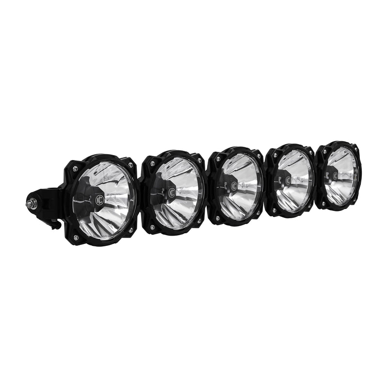 KC HiLiTES Gravity Pro6 LED Light Bar on a studio background: KC Gravity Pro6 light bar with 5 round black LED lights joined in a row, angled three-quarter view on white