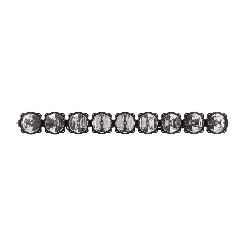 KC HiLiTES Gravity Pro6 LED Light Bar on a studio background: KC Gravity Pro6 light bar with 9 round black LED lights joined in a row, front view on white