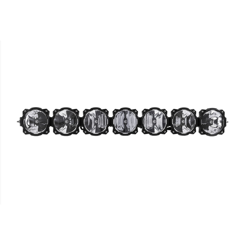KC HiLiTES Gravity Pro6 LED Light Bar on a studio background: seven-light black LED light bar with round clear lenses on a white background